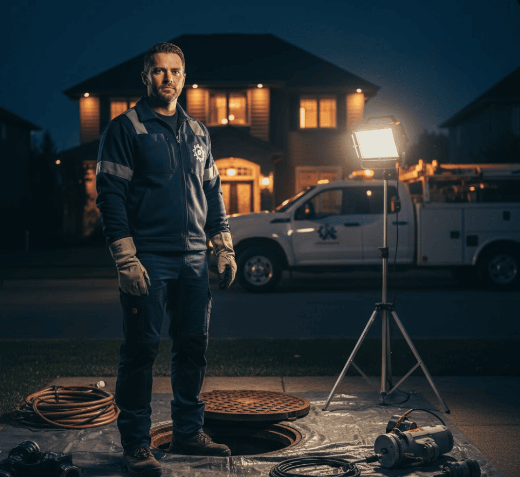24/7 emergency sewer repair service truck and licensed technician responding to residential call in Erie